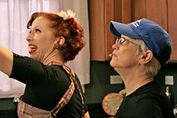 Etta Worthington with Ashley Simone on the set of Foodgasm