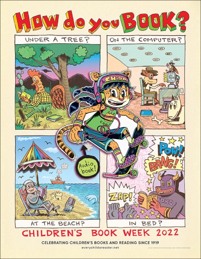 Poster: "How do you BOOK?" with graphic novel style illustrations