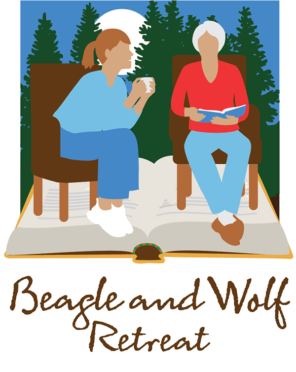 beagle and wolf on stack of books