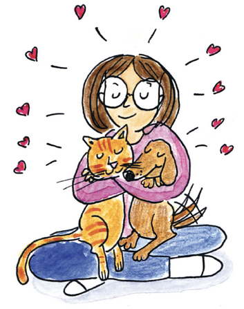 Child hugging pets
