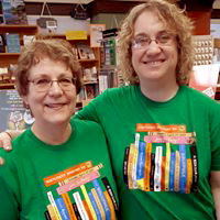 Sally and Jen wearing 2019 Independent Bookstore t-shirts