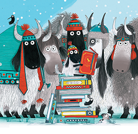Catalog yaks with stack of books