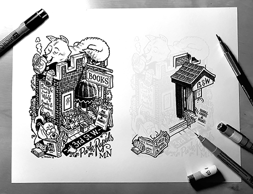 Old and new illustration of entryway showing the method of creating the art