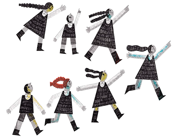 Illustration of people pointing to the tree in the next photo
