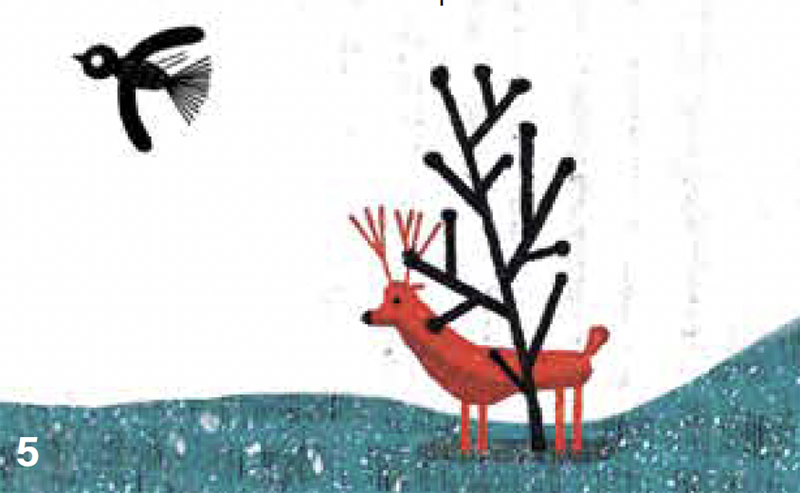 Illustration of bird and deer by tree