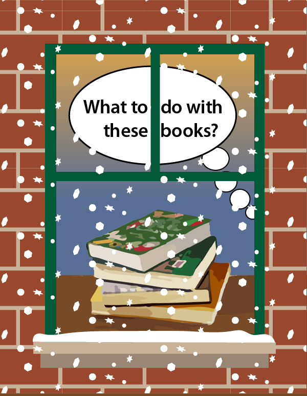 Illustration of books on window sill