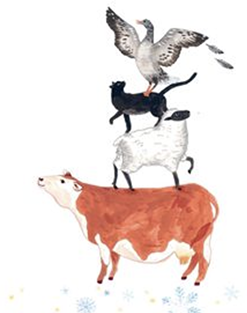 goose on cat on sheep on cow